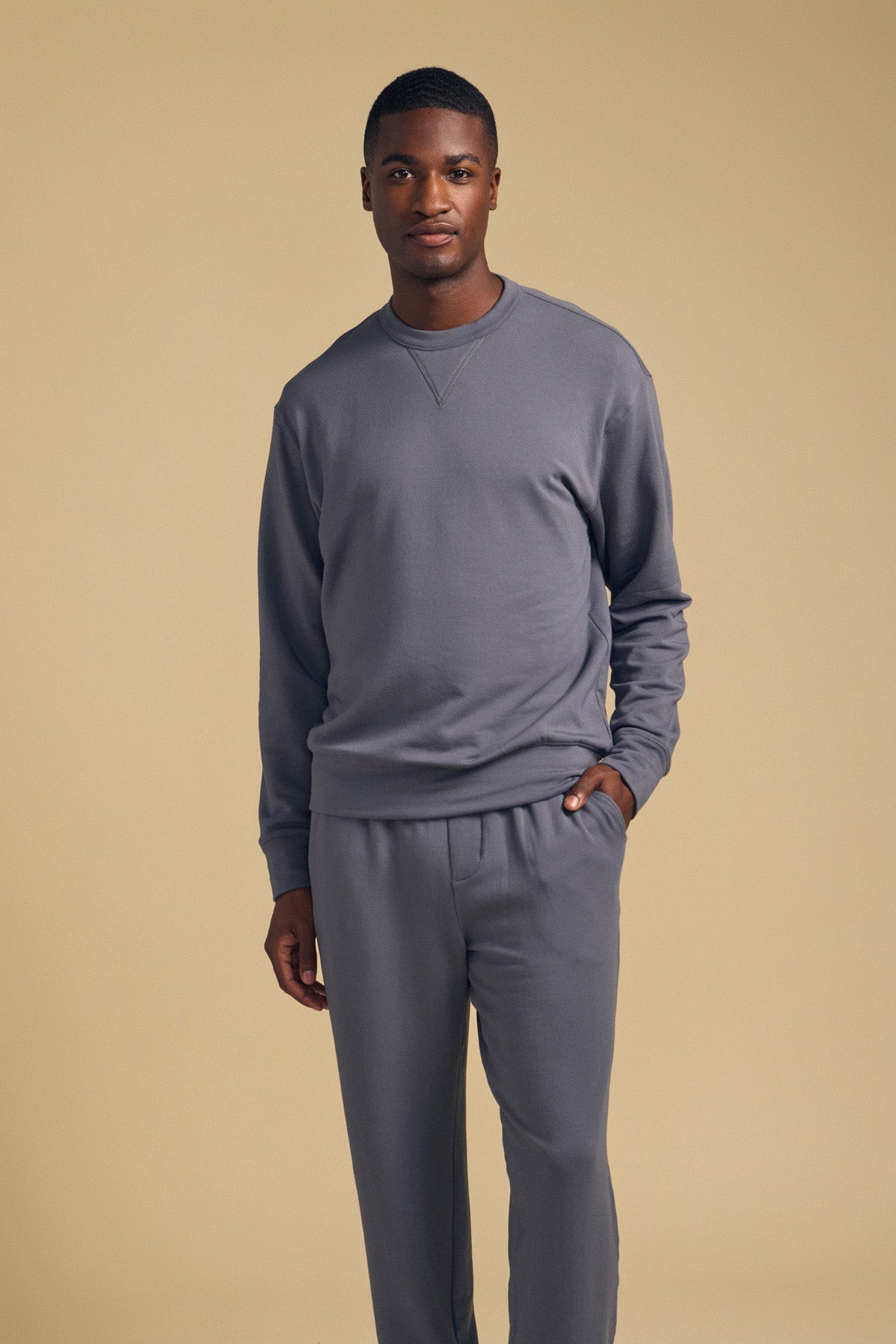 A man stands against a plain beige background, wearing the OTIS SWEATSHIRT and matching pants from Velvet by Graham & Spencer, both in gray luxe fleece with a relaxed fit and crew neck; he has one hand in his pocket and a neutral expression.-42092501893313