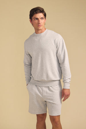 A man wearing the OTIS SWEATSHIRT by Velvet by Graham & Spencer in light gray stands against a plain beige background, gazing slightly to the side.