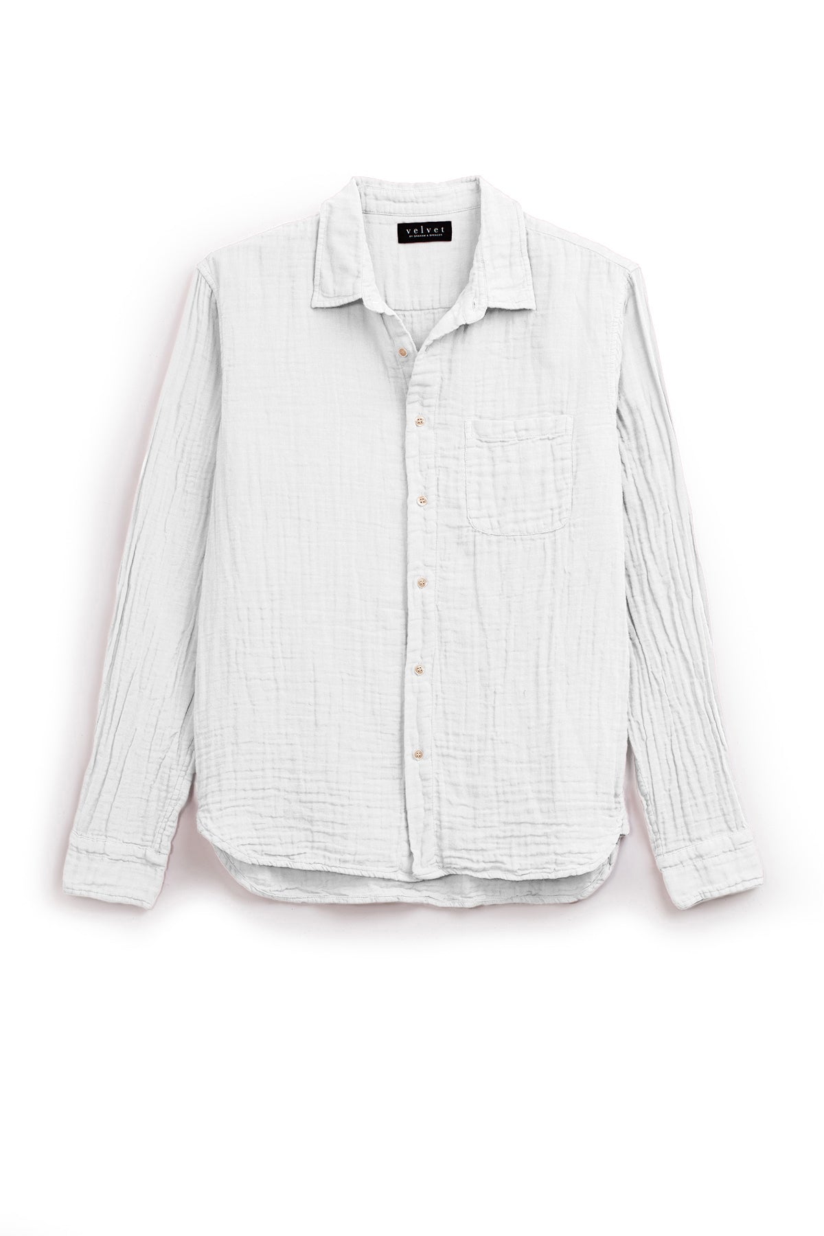 A white Velvet by Graham & Spencer Elton Button-Up Shirt hanging on a white surface.-35995110834369