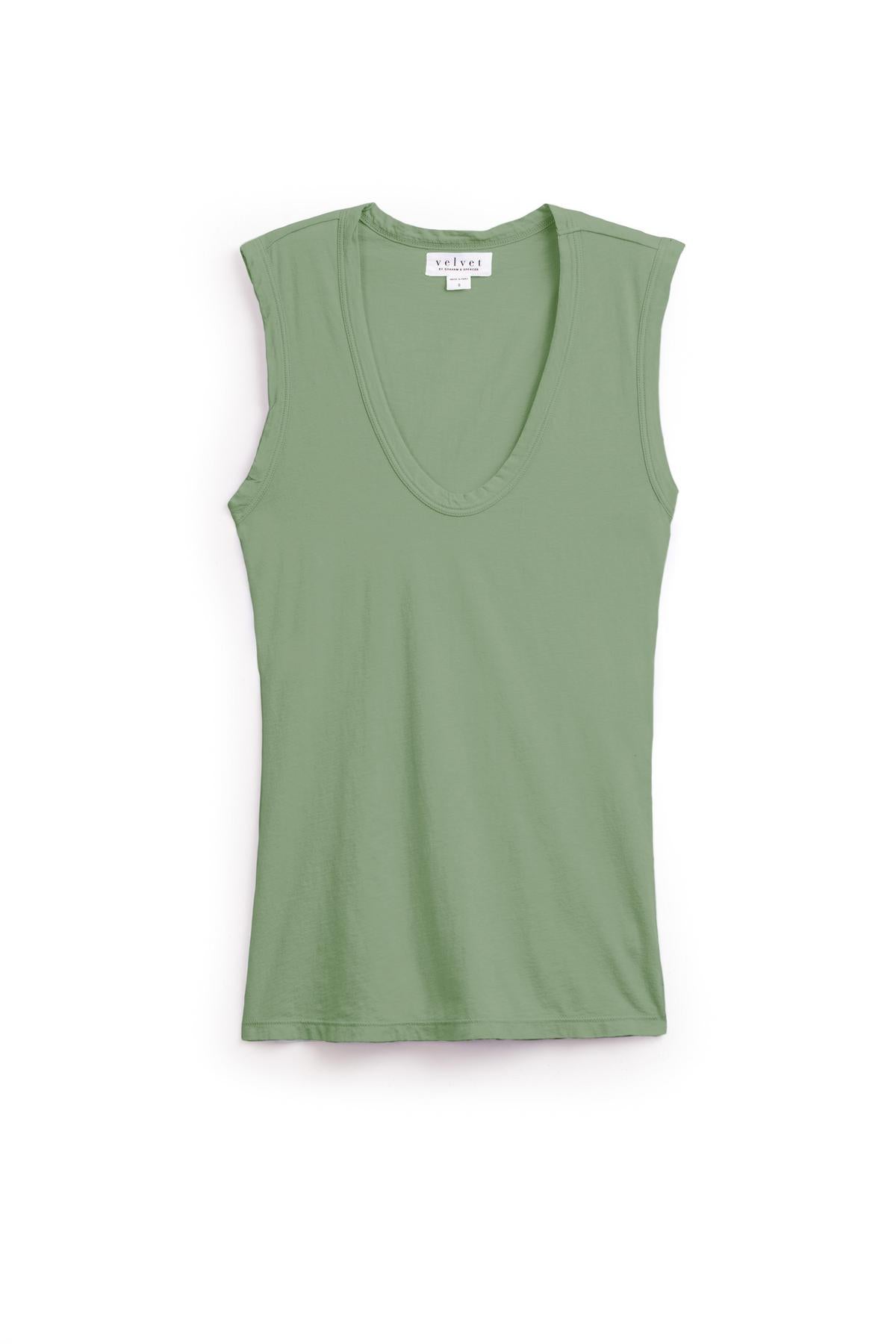 A soft and wearable Velvet by Graham & Spencer ESTINA GAUZY WHISPER FITTED TANK TOP in aloe green on a white background.-36131064185025