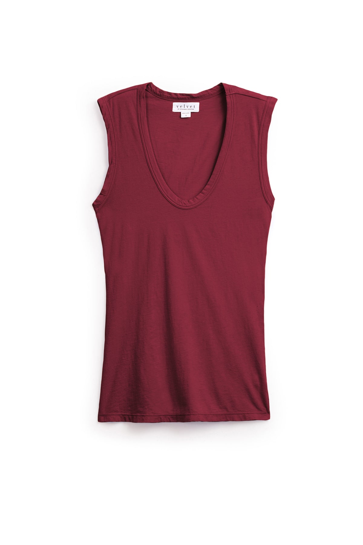   The ESTINA TANK TOP by Velvet by Graham & Spencer features a rich burgundy hue and scoop neck, crafted from gauzy whisper fabric for effortless style, shown flat on a white background. 