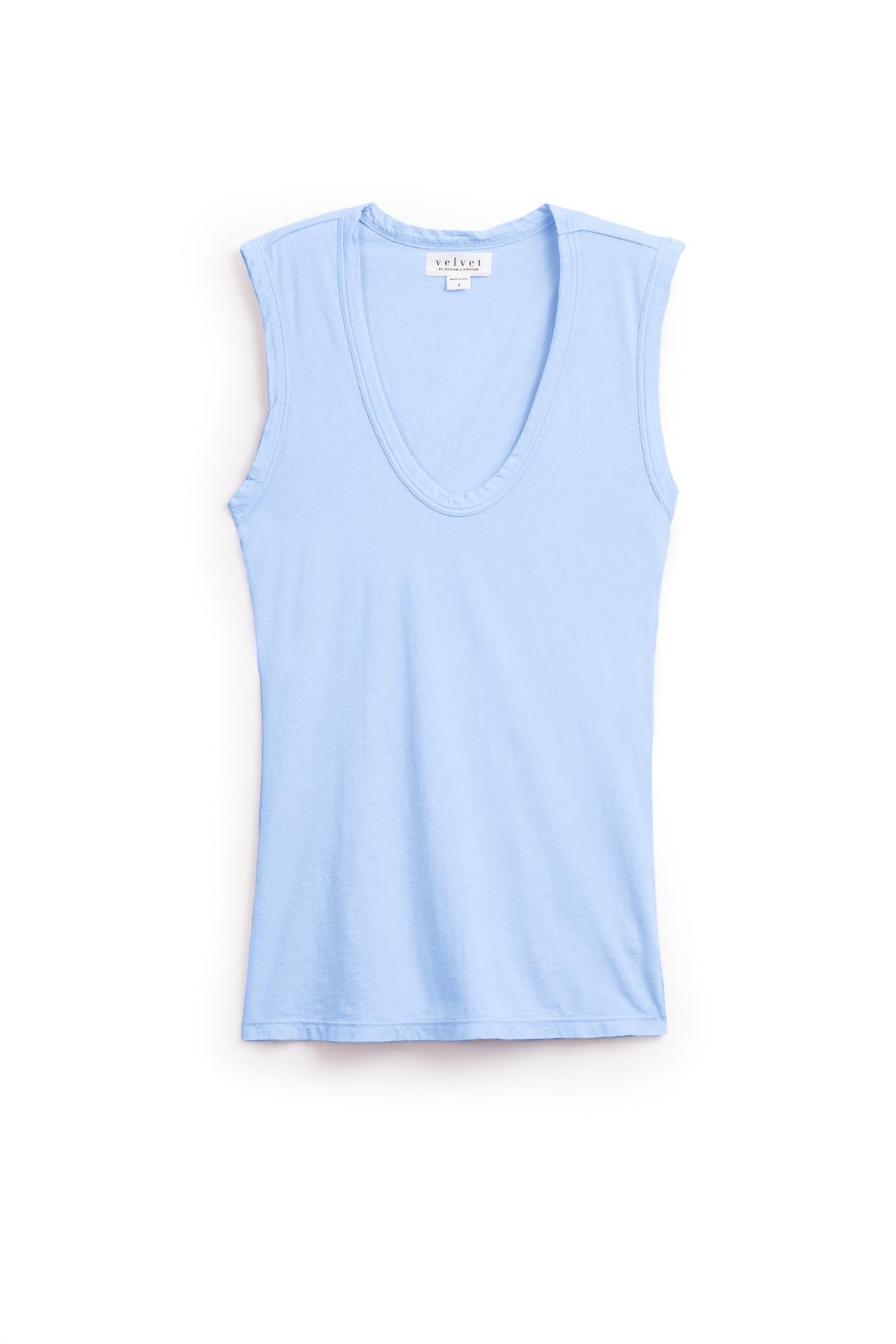 Light blue ESTINA GAUZY WHISPER FITTED TANK TOP displayed flat against a white background by Velvet by Graham & Spencer.-36752924246209