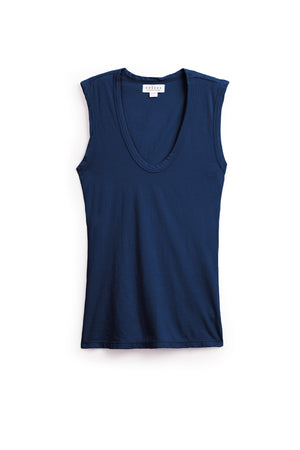 The ESTINA TANK TOP by Velvet by Graham & Spencer is a sleeveless, navy blue, V-neck tank with a soft gauzy texture, shown laid flat on a white background.
