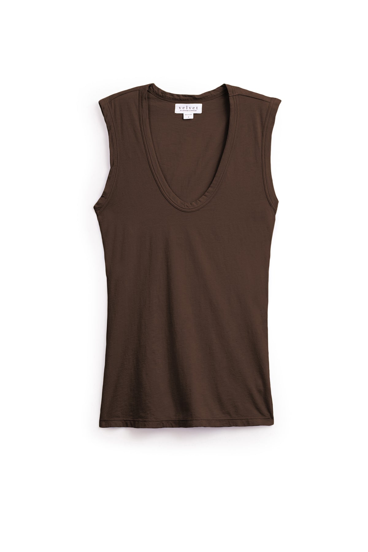   The ESTINA TANK TOP by Velvet by Graham & Spencer is a soft, gauzy brown scoop-neck, sleeveless tank, shown laid flat on a white background. 