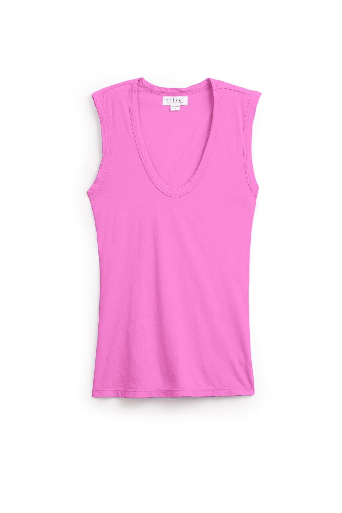   The ESTINA TANK TOP by Velvet by Graham & Spencer is a sleeveless, pink V-neck top on a white background, exuding the laid-back charm of a wearable tank. The top features a label on the inner collar. 