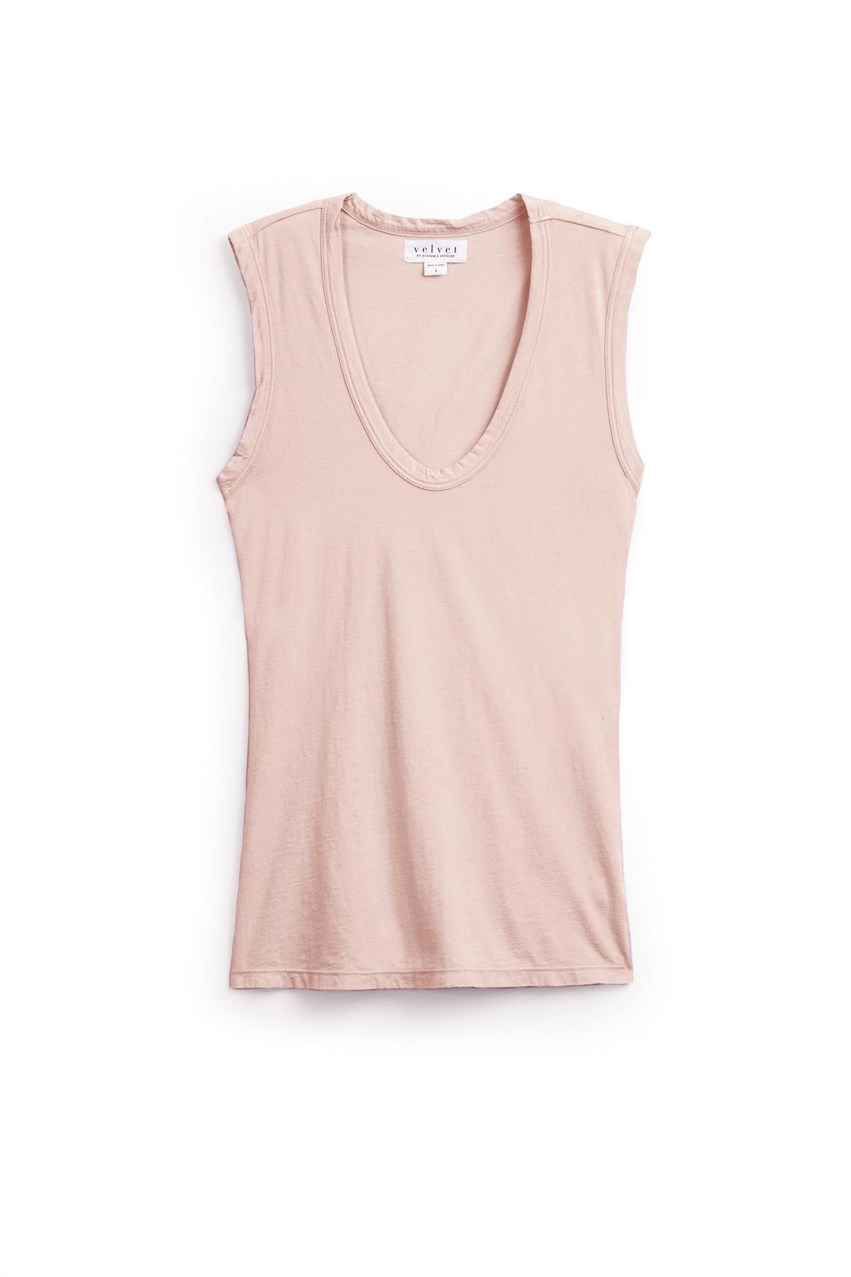   The ESTINA TANK TOP by Velvet by Graham & Spencer is a sleeveless beige top with a low scoop neck, laid flat against a white background, exuding relaxed charm like a soft gauzy whisper. 