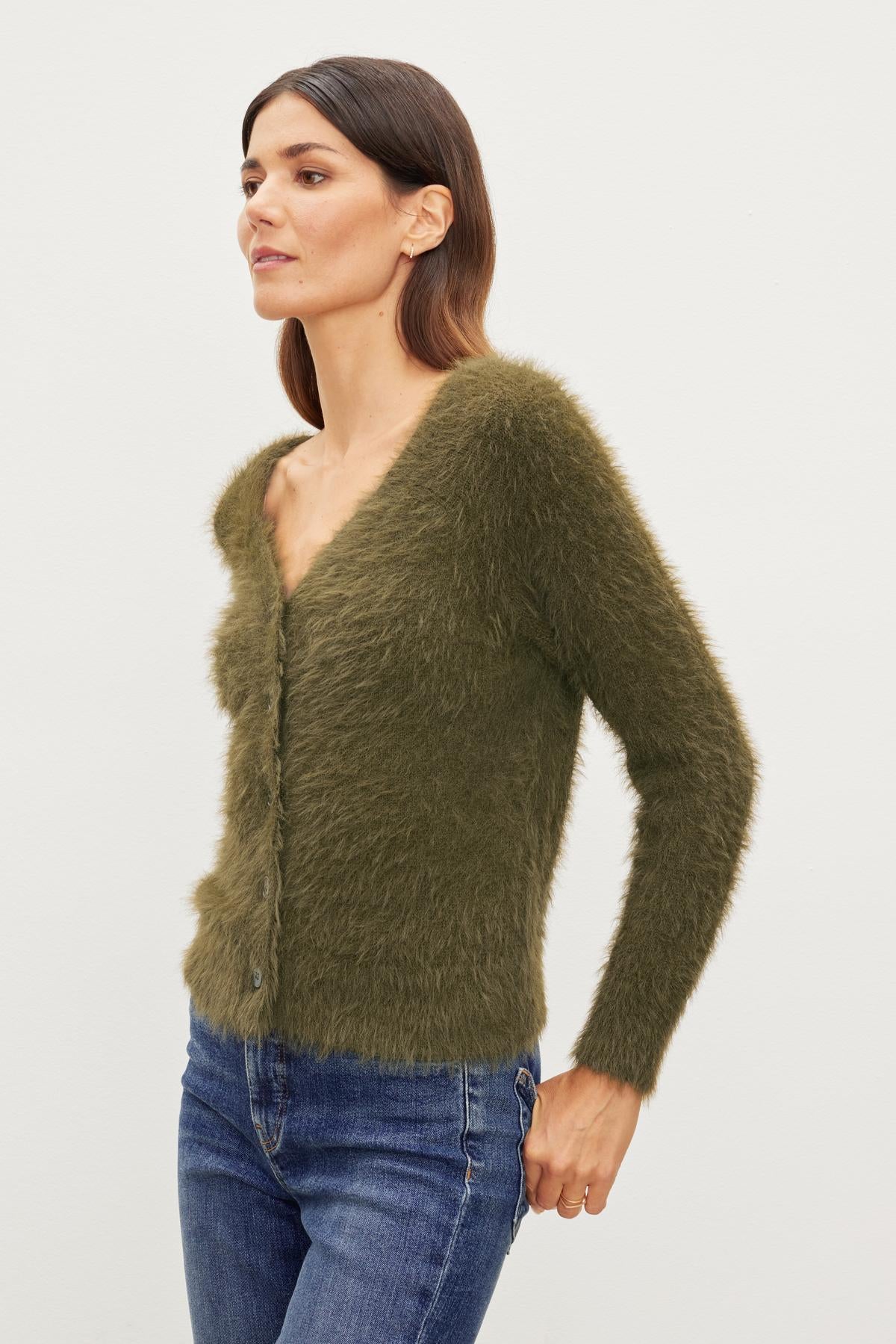 The ELLE FEATHER YARN CARDIGAN by Velvet by Graham & Spencer is soft.-35630370554049
