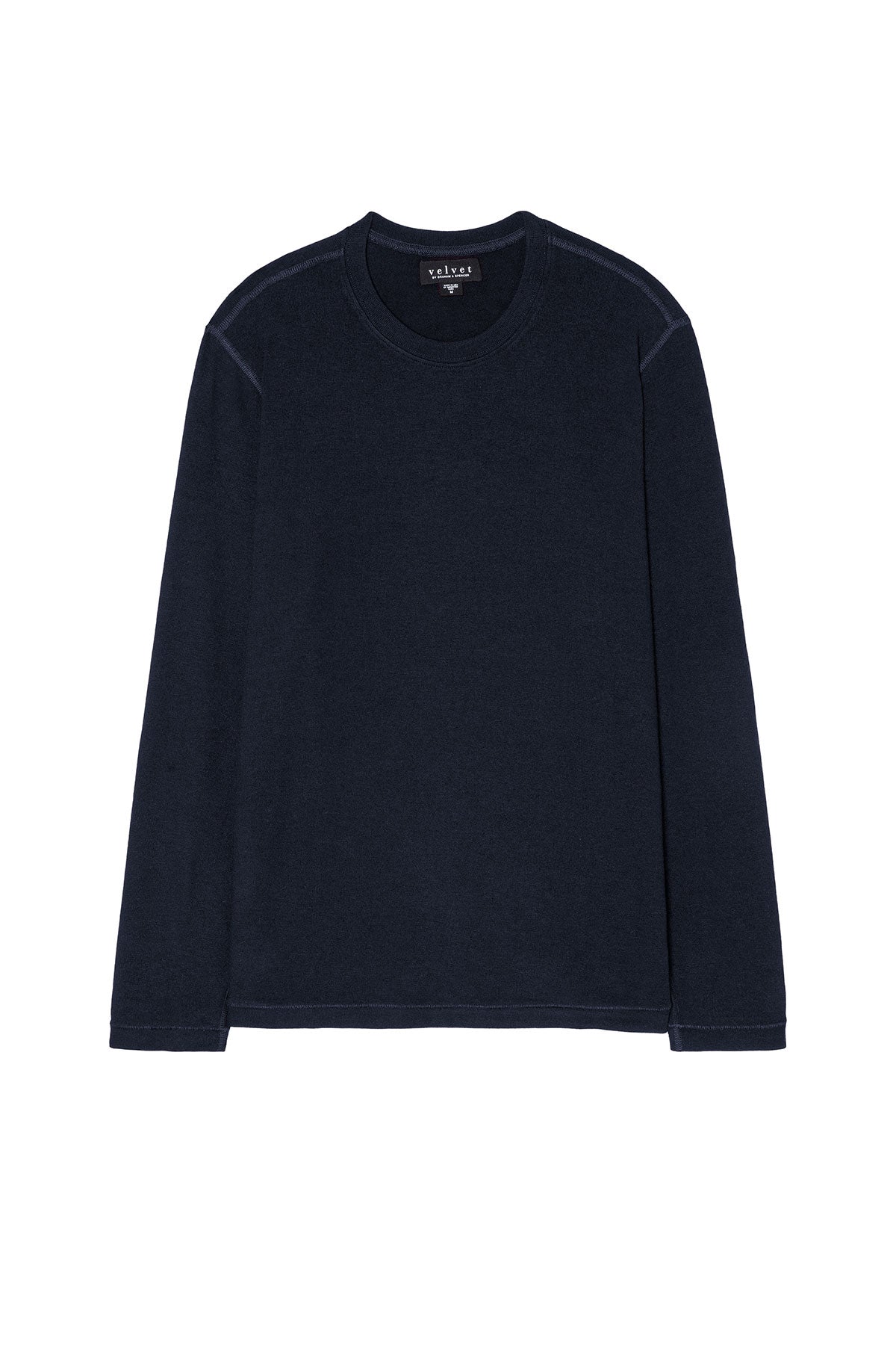 The BECKER CREW by Velvet by Graham & Spencer is a fitted, long-sleeve crew neck shirt in dark navy, laid flat on a white background—ideal for cozy jersey comfort and effortless everyday wear.-40147762315457
