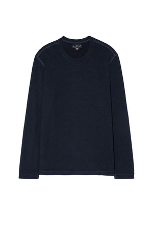 The BECKER CREW by Velvet by Graham & Spencer is a fitted, long-sleeve crew neck shirt in dark navy, laid flat on a white background—ideal for cozy jersey comfort and effortless everyday wear.