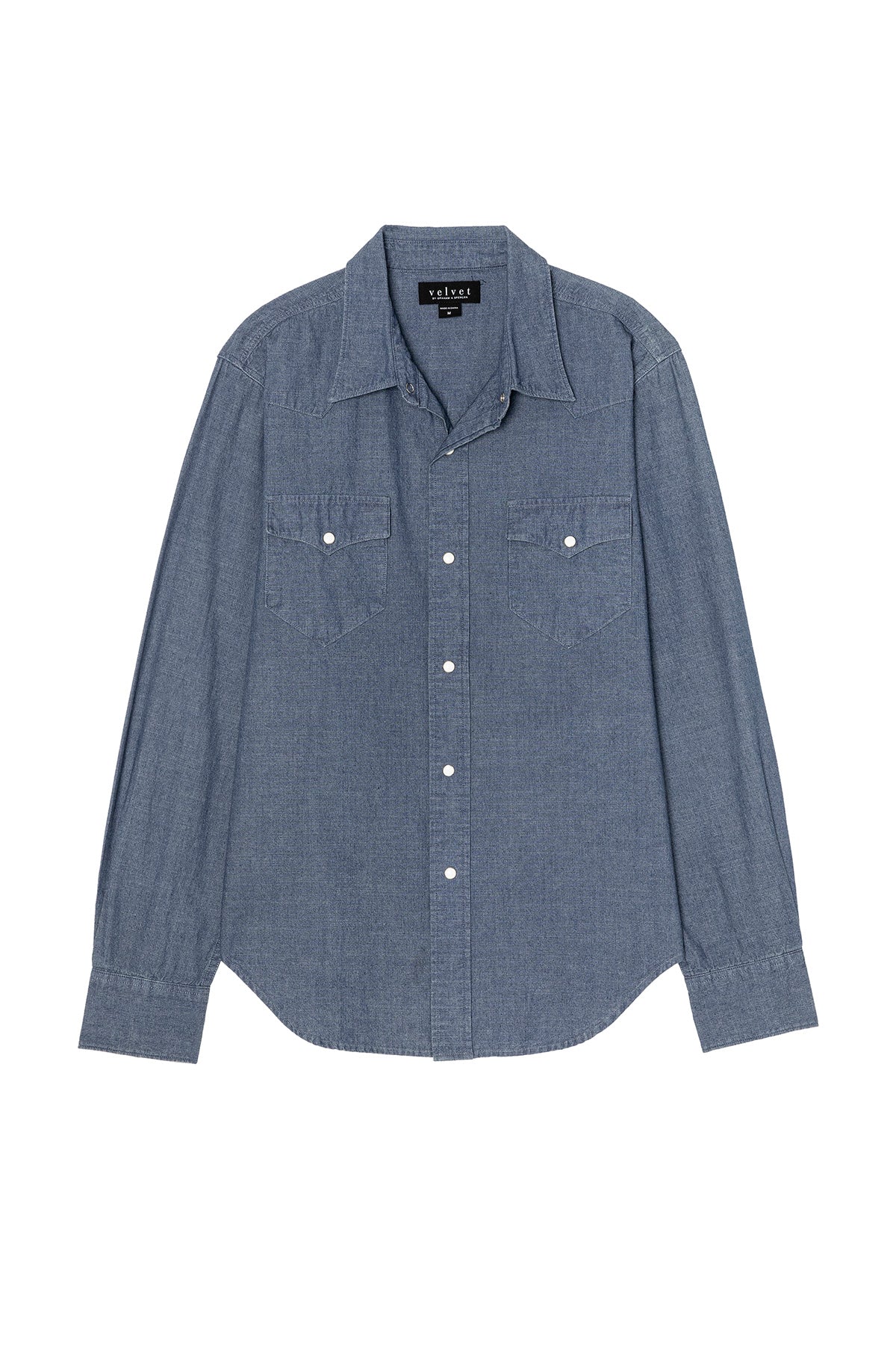 The CODY BUTTON-UP SHIRT by Velvet by Graham & Spencer is a Western-style, long-sleeve denim shirt with two chest pockets, made from breathable cotton and shown laid flat on a white background.