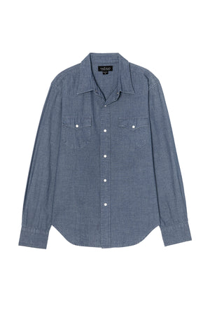 The CODY BUTTON-UP SHIRT by Velvet by Graham & Spencer is a Western-style, long-sleeve denim shirt with two chest pockets, made from breathable cotton and shown laid flat on a white background.