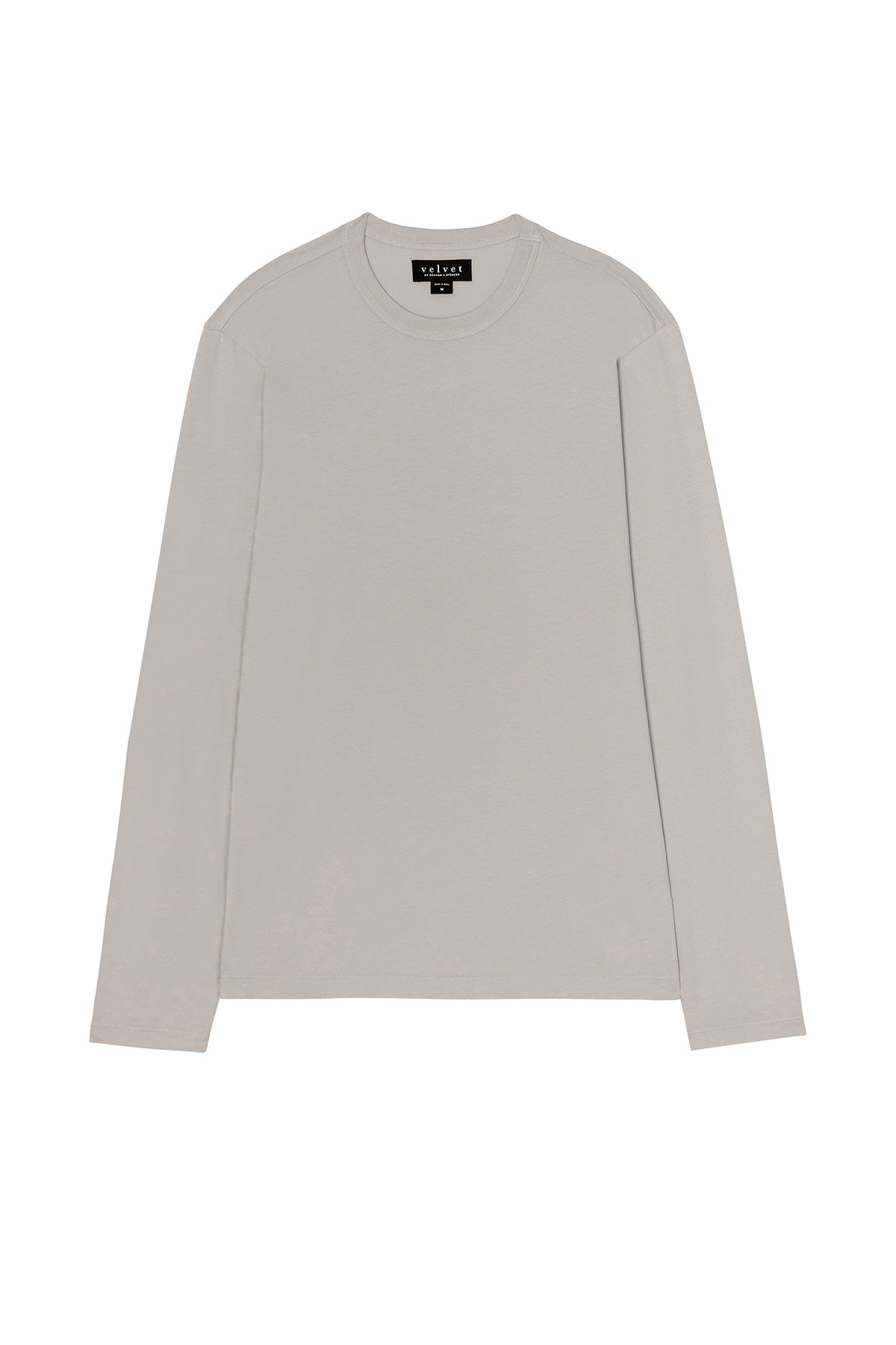 The Velvet by Graham & Spencer ROWLAND TEE, a light gray long-sleeve with a classic crew neck, is shown on a white background and crafted from soft Pima jersey for comfort.-39883821056193