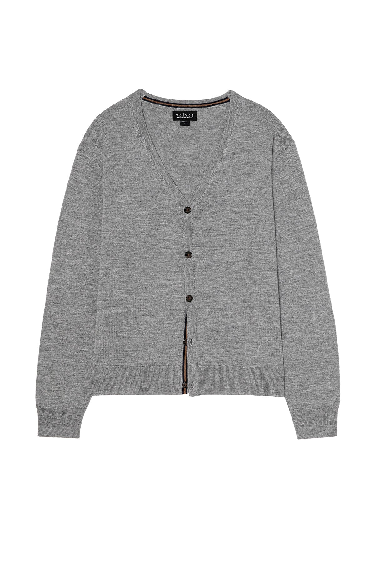 The SILVIO CARDIGAN by Velvet by Graham & Spencer is a light gray premium wool cardigan with a V-neck, button-down front, and ribbed trim at the cuffs and hem.-39883837341889