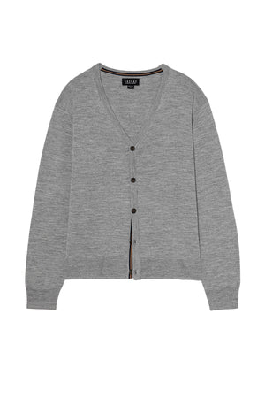 The SILVIO CARDIGAN by Velvet by Graham & Spencer is a light gray premium wool cardigan with a V-neck, button-down front, and ribbed trim at the cuffs and hem.
