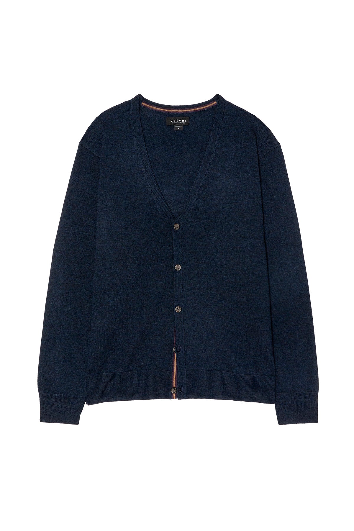 The SILVIO CARDIGAN by Velvet by Graham & Spencer is a navy blue V-neck cardigan with long sleeves, ribbed trim, and four front buttons, shown laid flat on a white background.-39883837374657