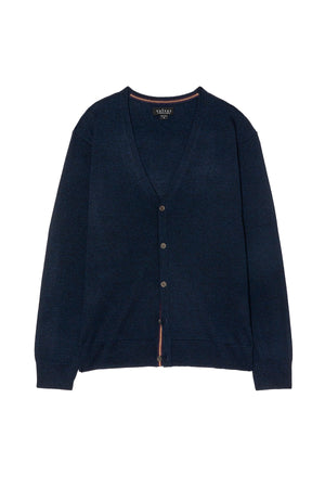 The SILVIO CARDIGAN by Velvet by Graham & Spencer is a navy blue V-neck cardigan with long sleeves, ribbed trim, and four front buttons, shown laid flat on a white background.