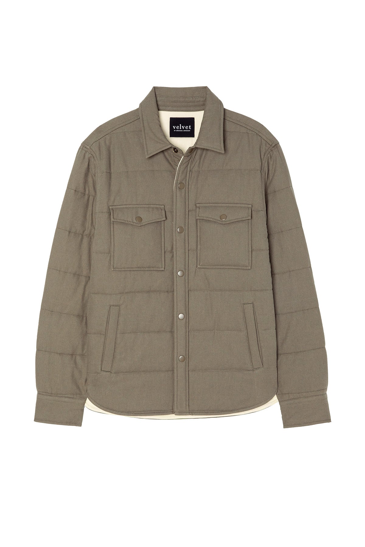   The SUMMIT JACKET by Velvet by Graham & Spencer is a khaki quilted cotton jacket with a snap-button front, two chest flap pockets, and two side welt pockets, shown against a white background. 