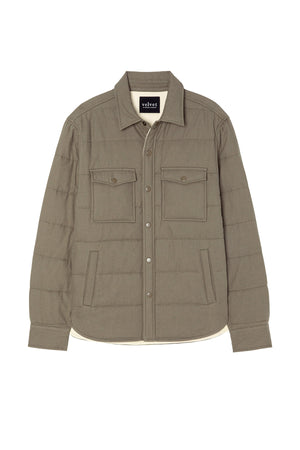 The SUMMIT JACKET by Velvet by Graham & Spencer is a khaki quilted cotton jacket with a snap-button front, two chest flap pockets, and two side welt pockets, shown against a white background.