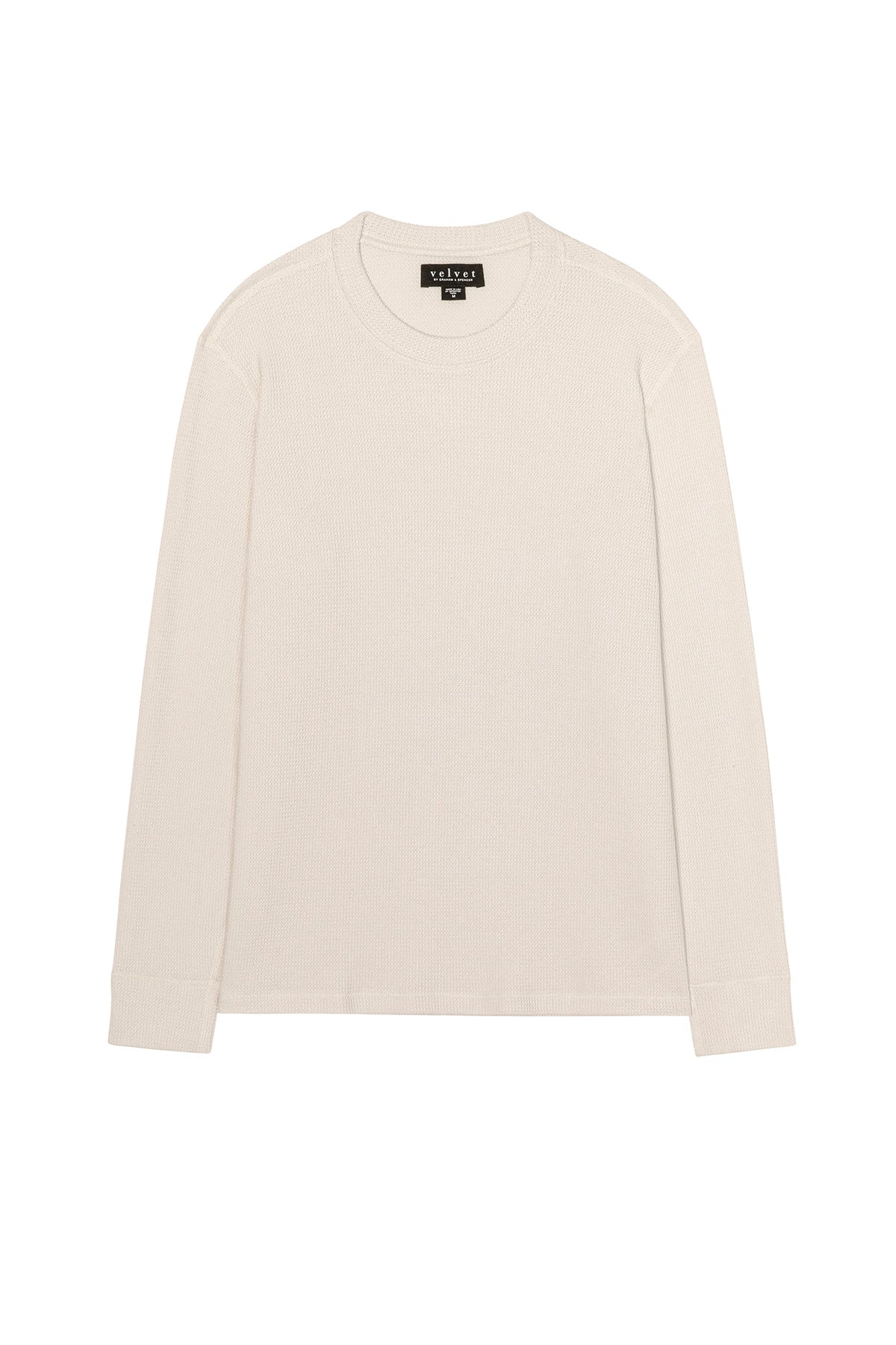 The TOBIAS CREW by Velvet by Graham & Spencer is a cozy, off-white, long-sleeve thermal shirt with a classic crew neck, shown laid flat on a white background—an essential for any versatile wardrobe.-39883880988865