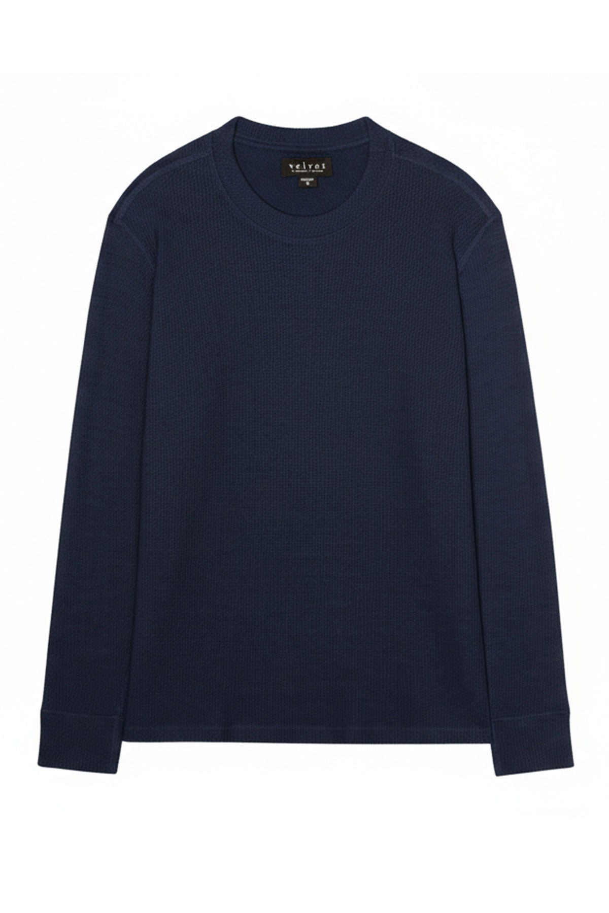 The TOBIAS CREW from Velvet by Graham & Spencer is a navy blue long-sleeve crewneck shirt with a classic neckline, laid flat on a white background—a versatile wardrobe staple.-40182833348801