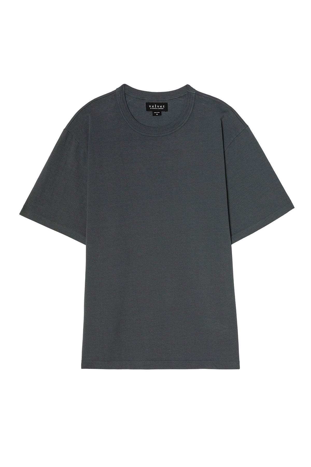 The WELLS TEE by Velvet by Graham & Spencer is a dark gray, relaxed-fit cotton jersey tee with short sleeves and a crew neckline, shown laid flat on a white background.-39883967398081