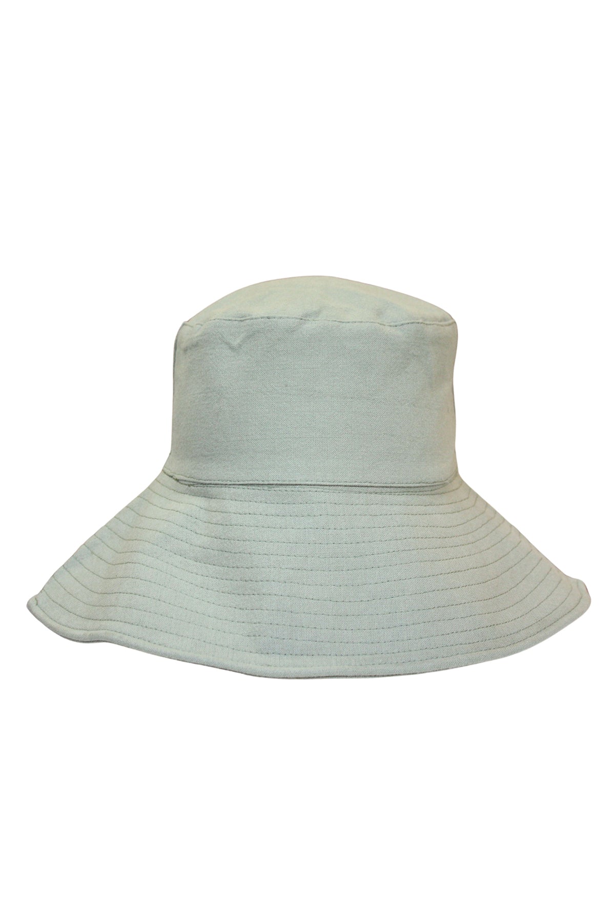   A light gray Hazel bucket hat by Freya made from organic materials, with a wide, structured brim, displayed against a white background. 