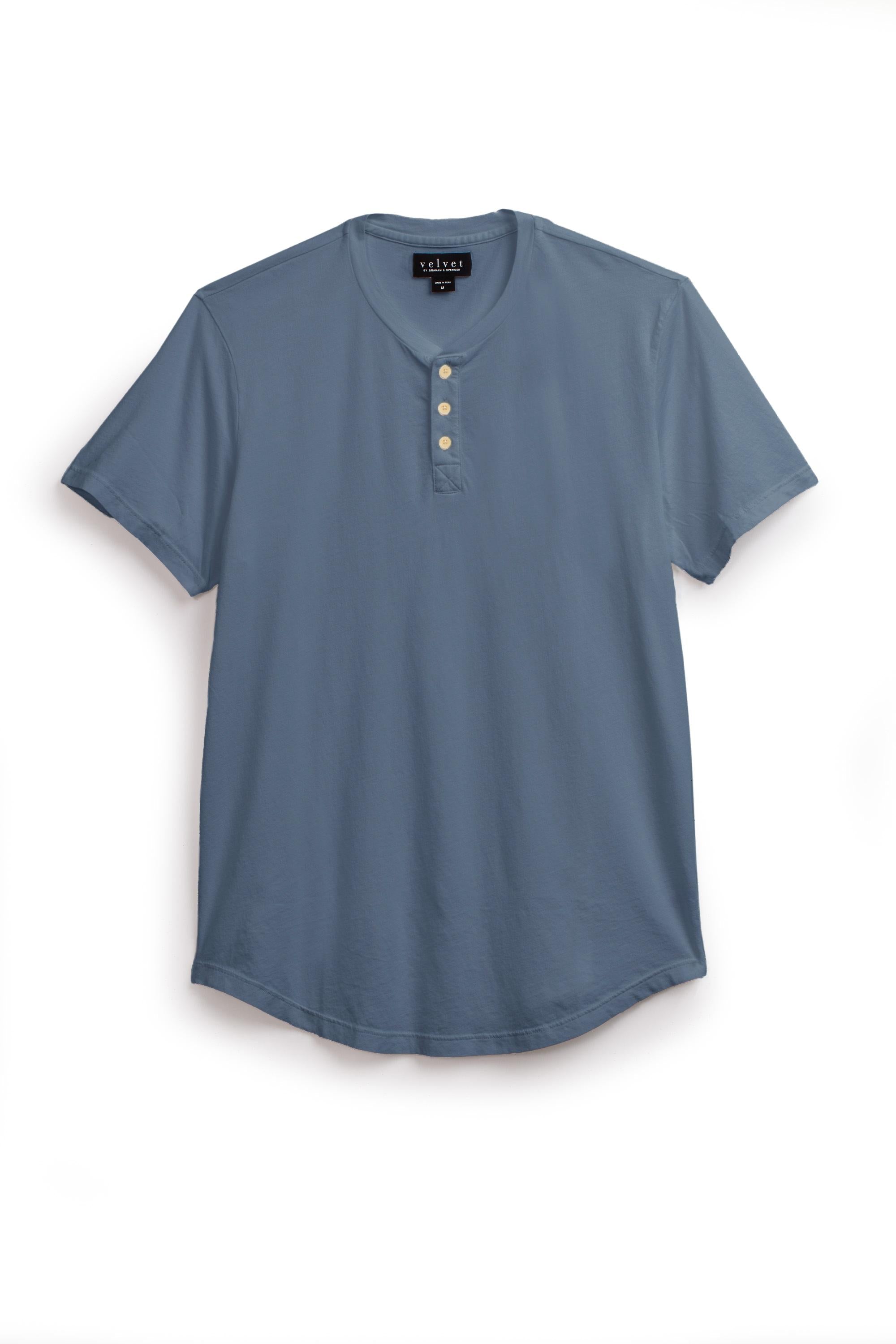   The Velvet by Graham & Spencer men's blue Fulton Short Sleeve Henley t-shirt. 