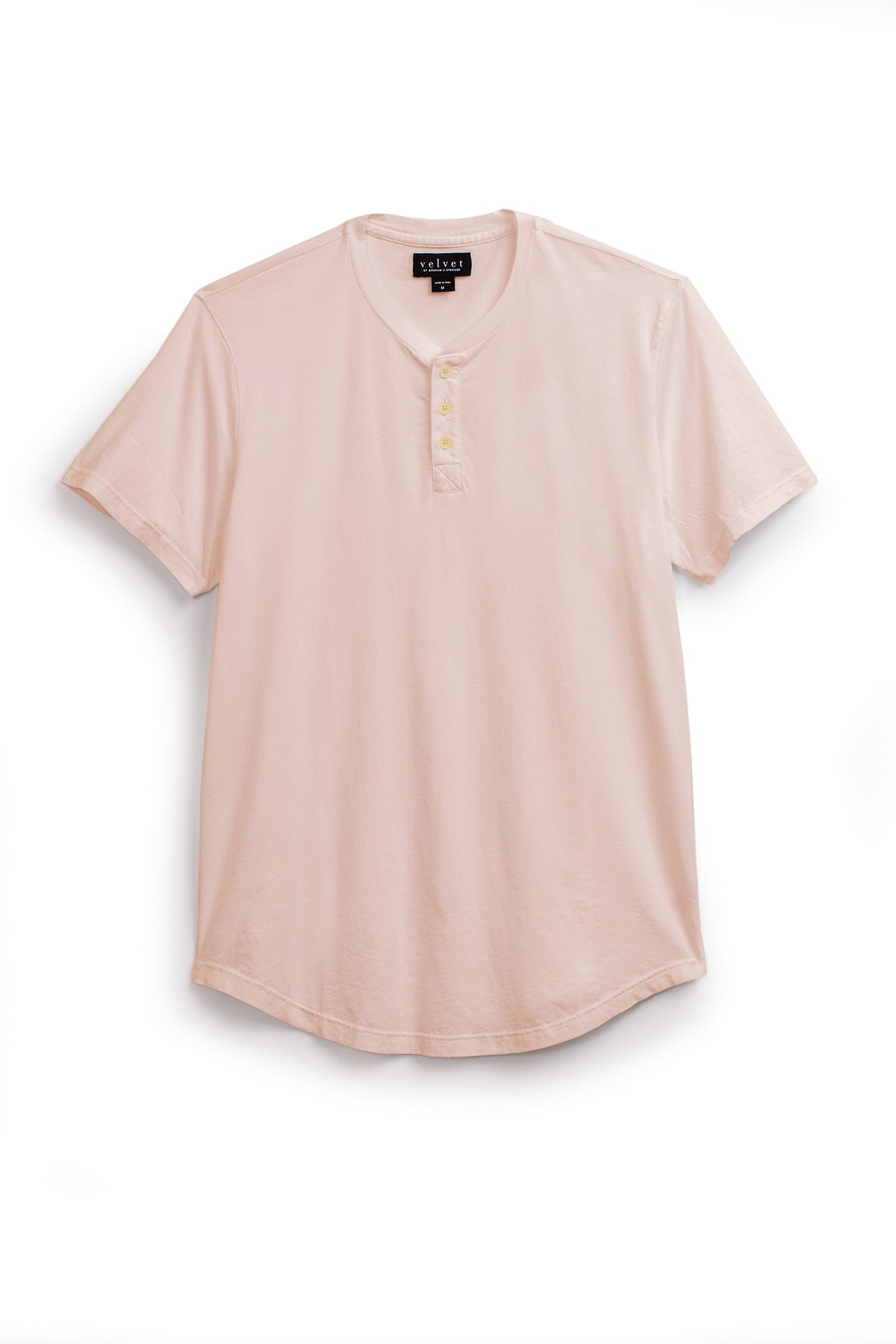 Fulton Short Sleeve Henley in light pink color bloom with white pants flat lay view-35567477326017