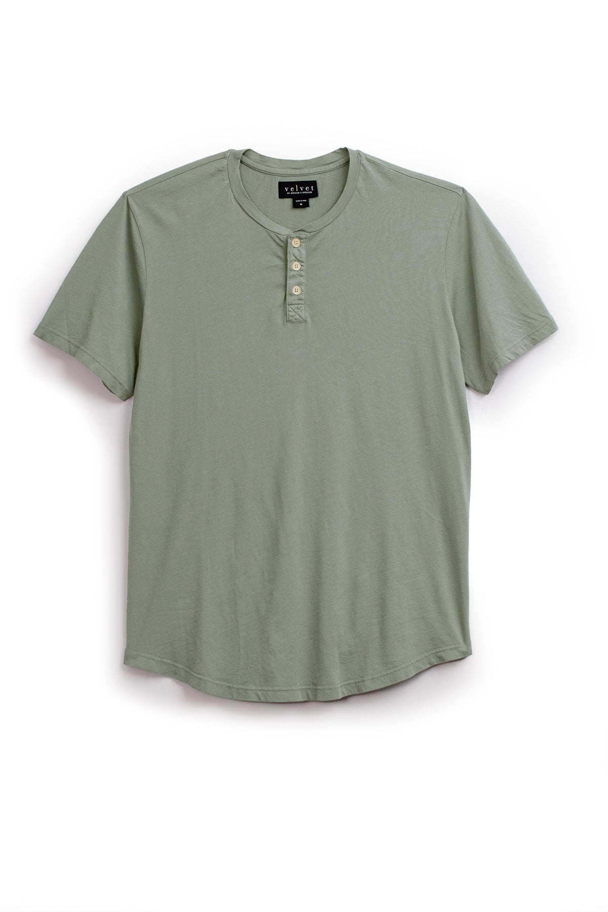   The FULTON HENLEY by Velvet by Graham & Spencer is a light green Pima jersey tee with short sleeves, four-button placket, and a curved hemline, shown here against a white background. 