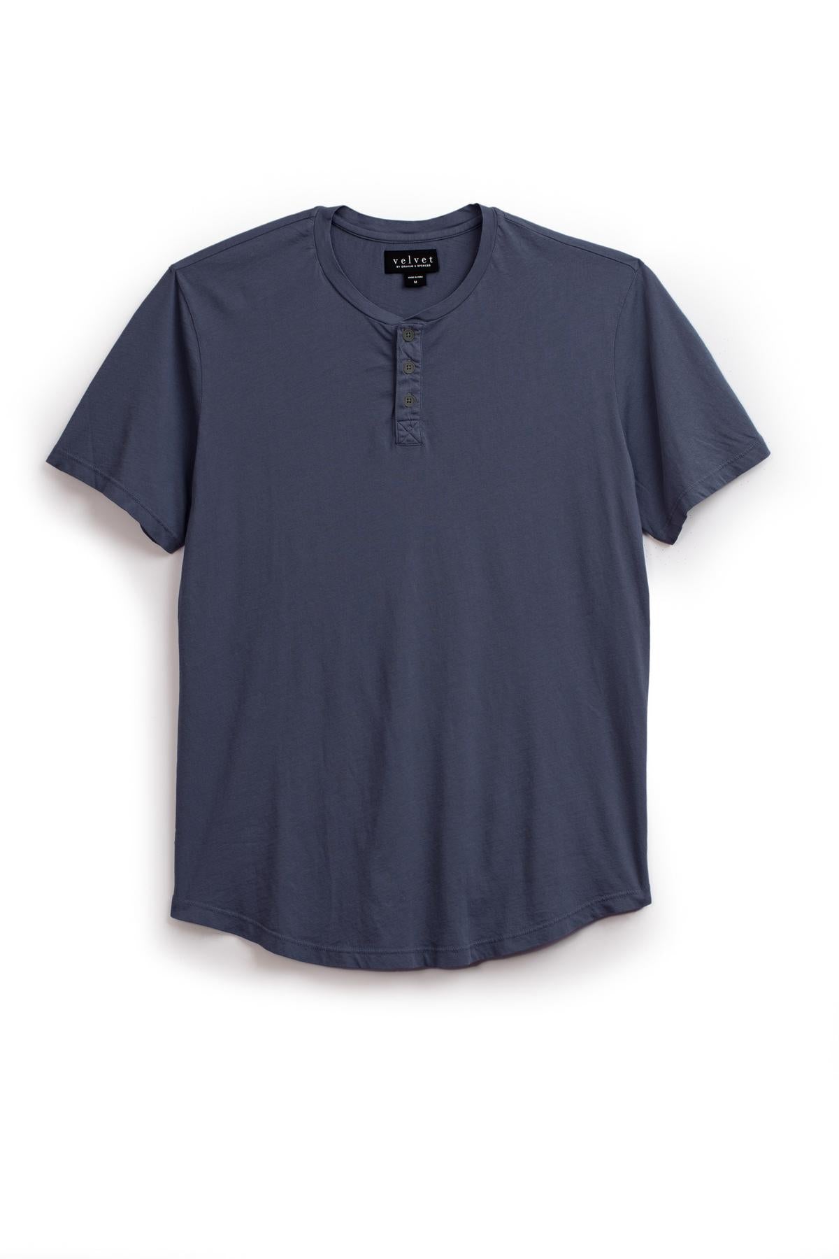   A navy blue FULTON HENLEY tee by Velvet by Graham & Spencer with short sleeves and a button placket, displayed on a plain white background. 