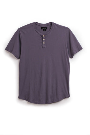 The FULTON HENLEY by Velvet by Graham & Spencer is a classic gray short-sleeve tee made from soft Pima jersey, featuring a round neckline and three buttons, elegantly displayed against a plain white background.