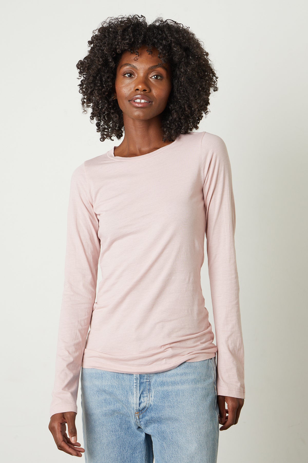   Zofina Gauzy Whisper Fitted Crew Neck Tee with long sleeves in light pink ribbon color front 