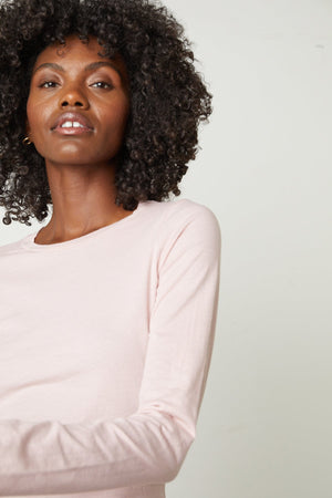 Zofina Gauzy Whisper Fitted Crew Neck Tee with long sleeves in light pink ribbon color front detail