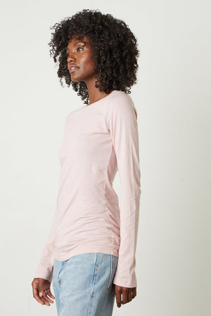 Zofina Gauzy Whisper Fitted Crew Neck Tee with long sleeves in light pink ribbon color and light blue denim front & side