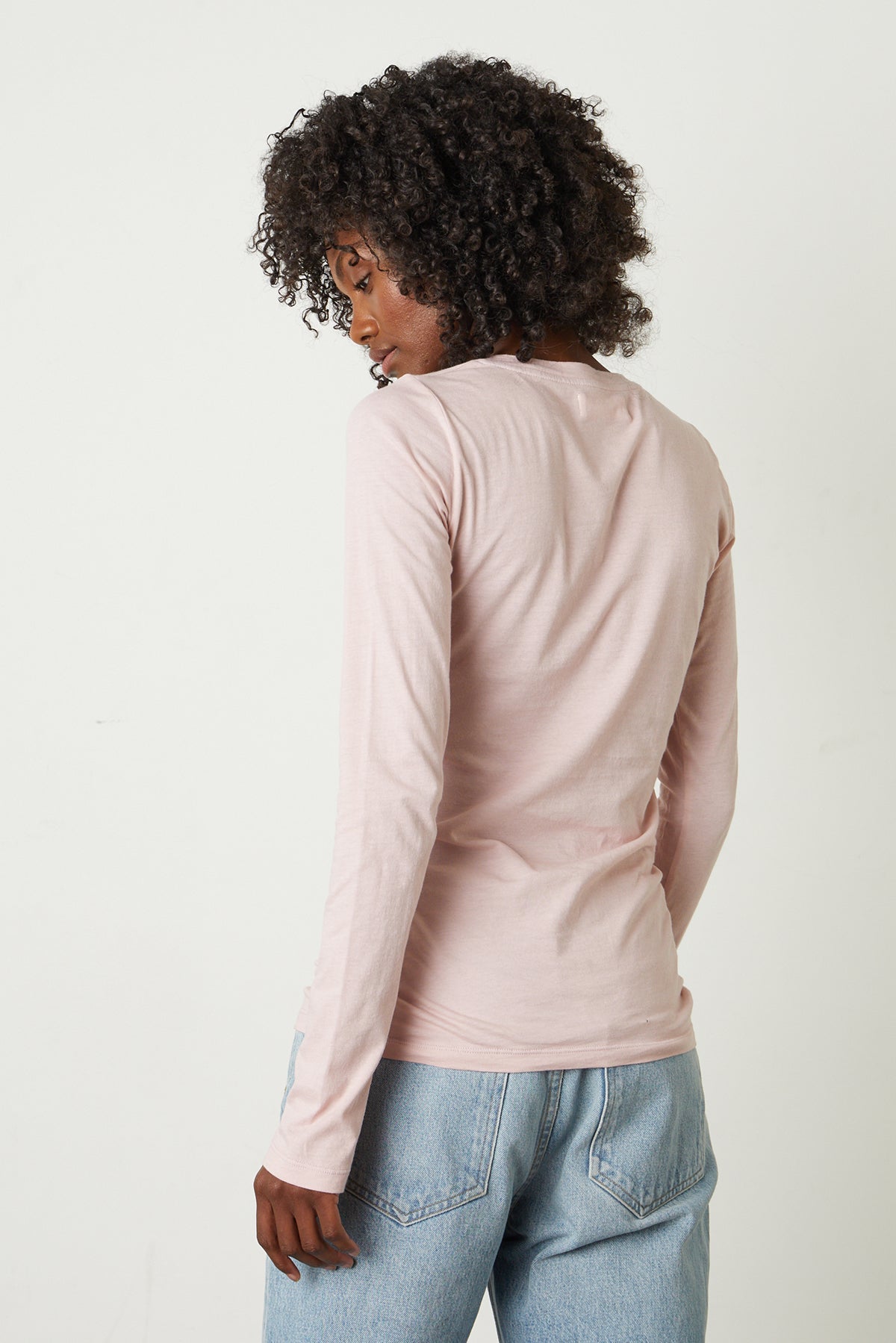   Zofina Gauzy Whisper Fitted Crew Neck Tee with long sleeves in light pink ribbon color and light blue denim back 