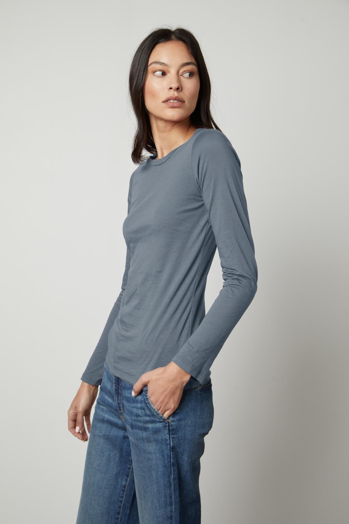   The subtly sexy ZOFINA GAUZY WHISPER FITTED CREW NECK TEE in soft gauzy whisper cotton by Velvet by Graham & Spencer. 