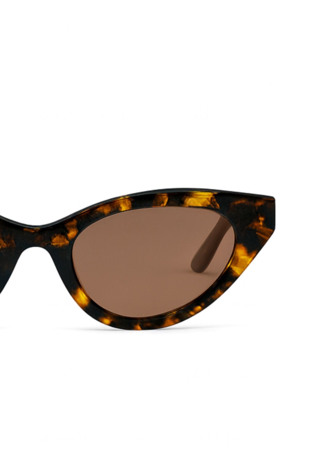 A close-up of GIRLS TRIP SUNGLASSES BY ELEVENTH HOUR by Eleventh Hour, showcasing a tortoiseshell-patterned cat-eye frame with brown-tinted lenses, set against a white background.-41356328435905