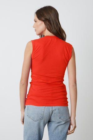 Estina Fitted Tank Top in bright cardinal red gauzy whisper with light blue denim back