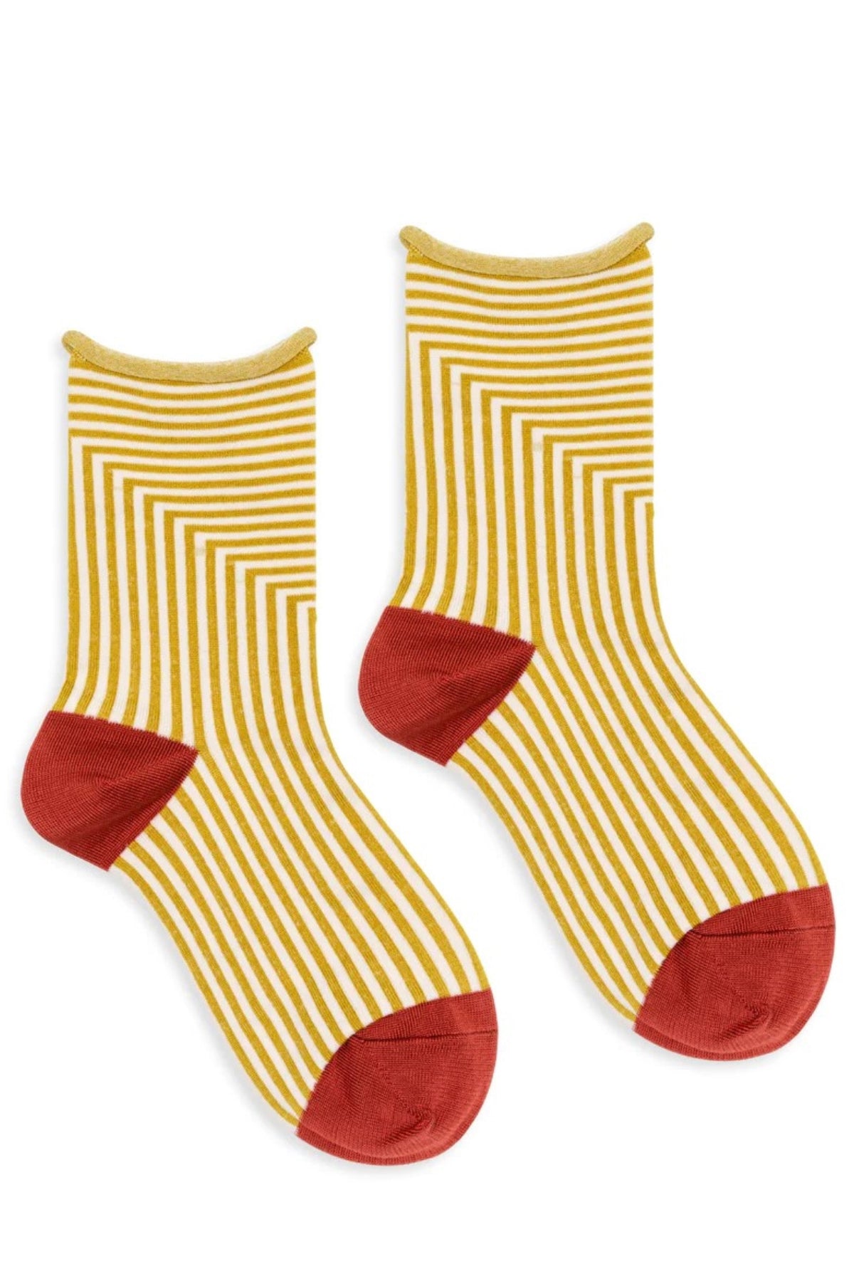   The CORBUSIER CREW SOCKS by Hansel From Basel offer a unique design with yellow and white stripes, accented by red toes and heels. 