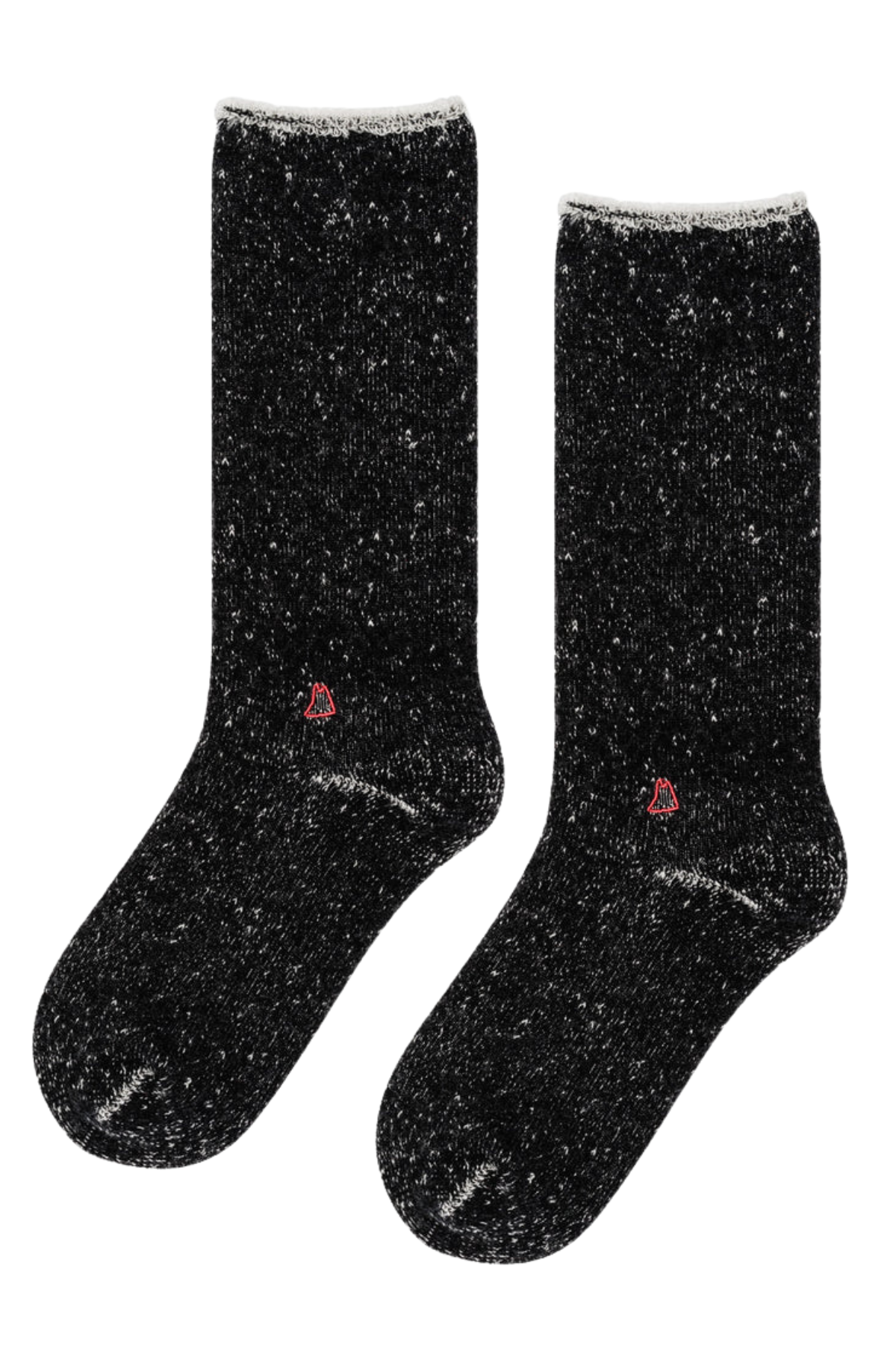   Hansel From Basel's Hoodie Wool Men's Crew Socks feature black speckled designs with a small red logo on each. 