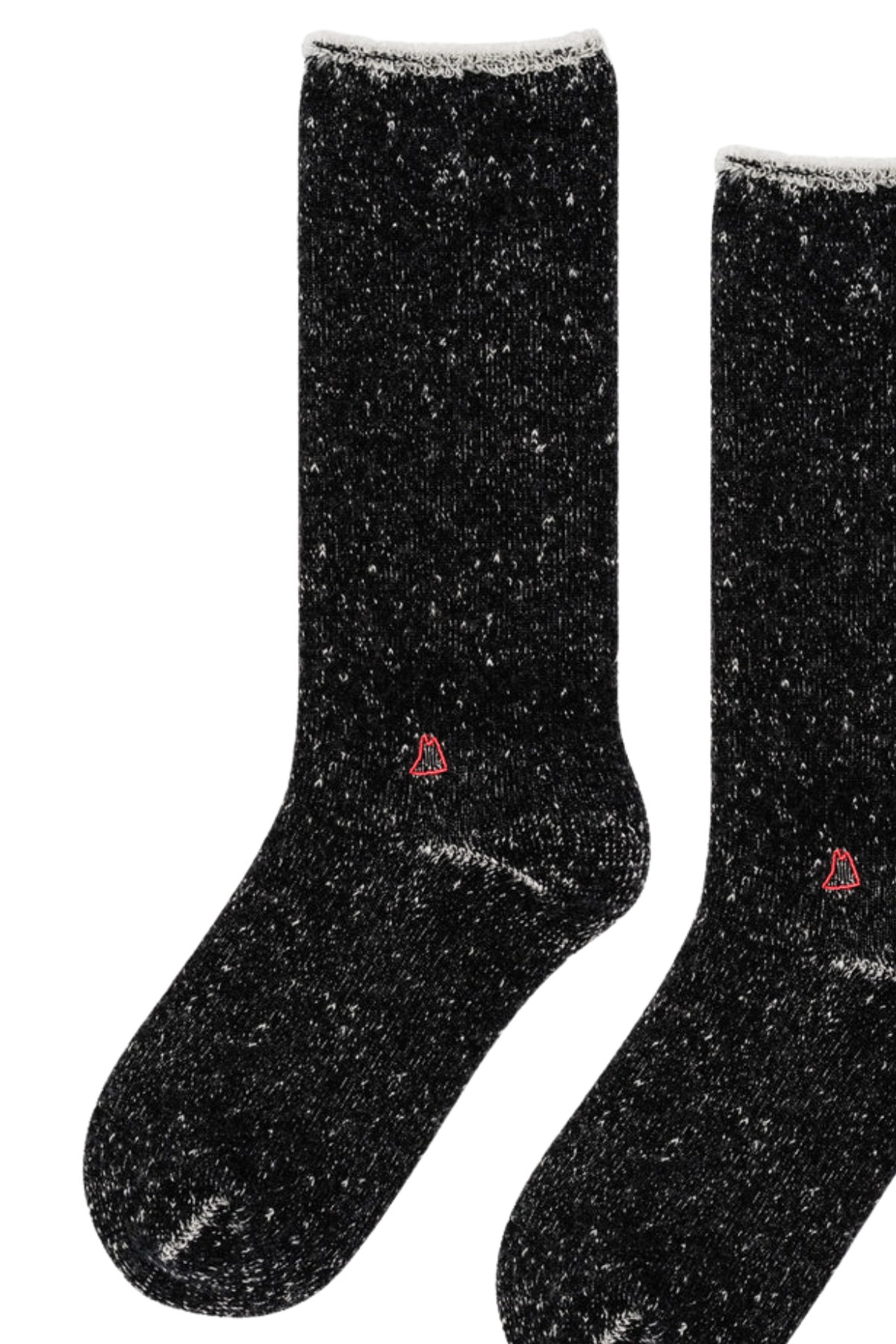   The HOODIE WOOL MEN'S CREW SOCKS BY HANSEL FROM BASEL feature unique black speckled designs with a small red logo, distinguishing them from ordinary socks. 