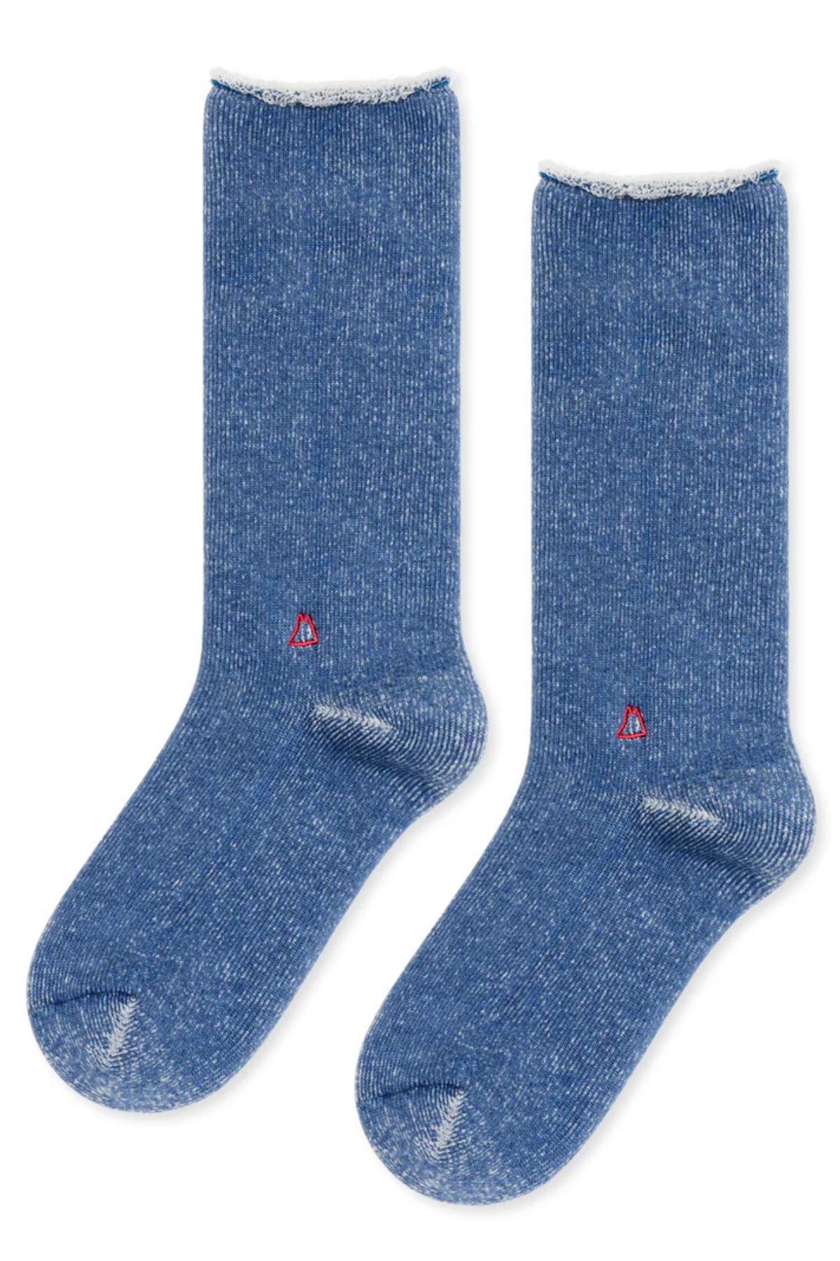   Add style to any outfit with Hansel From Basel's Hoodie Wool Men's Crew Socks. These blue textured socks feature unique designs, red embroidery near the toe, and light-colored trim at the cuffs. 