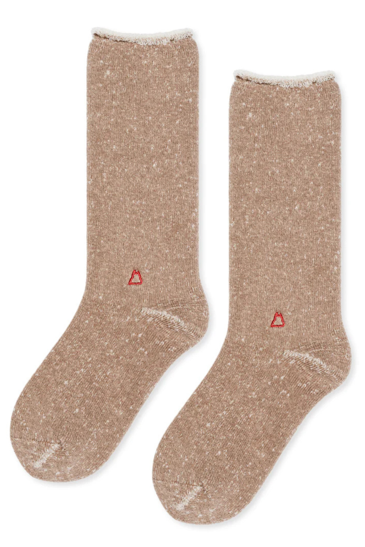   The HOODIE WOOL MEN'S CREW SOCKS BY HANSEL FROM BASEL by Hansel From Basel are speckled brown socks with a soft white interior, uniquely designed with a small red triangle on each. 