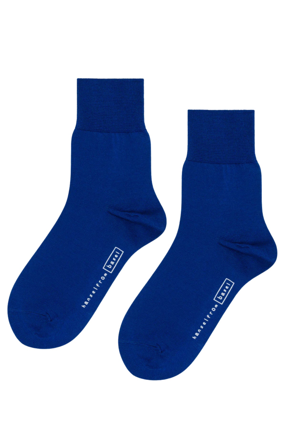 Two TROUSER CREW SOCKS BY HANSEL FROM BASEL in blue, crafted from mercerized cotton, are shown against a white background. Each sock bears white text on the toe, exemplifying quality legwear with elegance. Brand: Hansel From Basel.-38908553986241