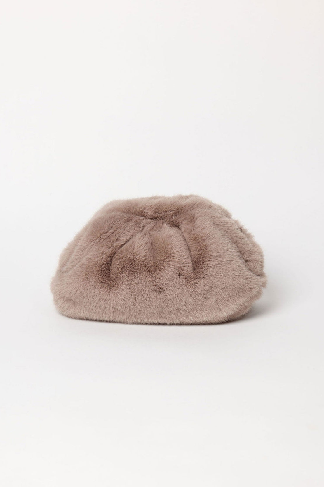 The FAUX FUR CLUTCH by Velvet by Graham & Spencer, featuring plush light brown faux fur and gathered details, is displayed against a plain white background.