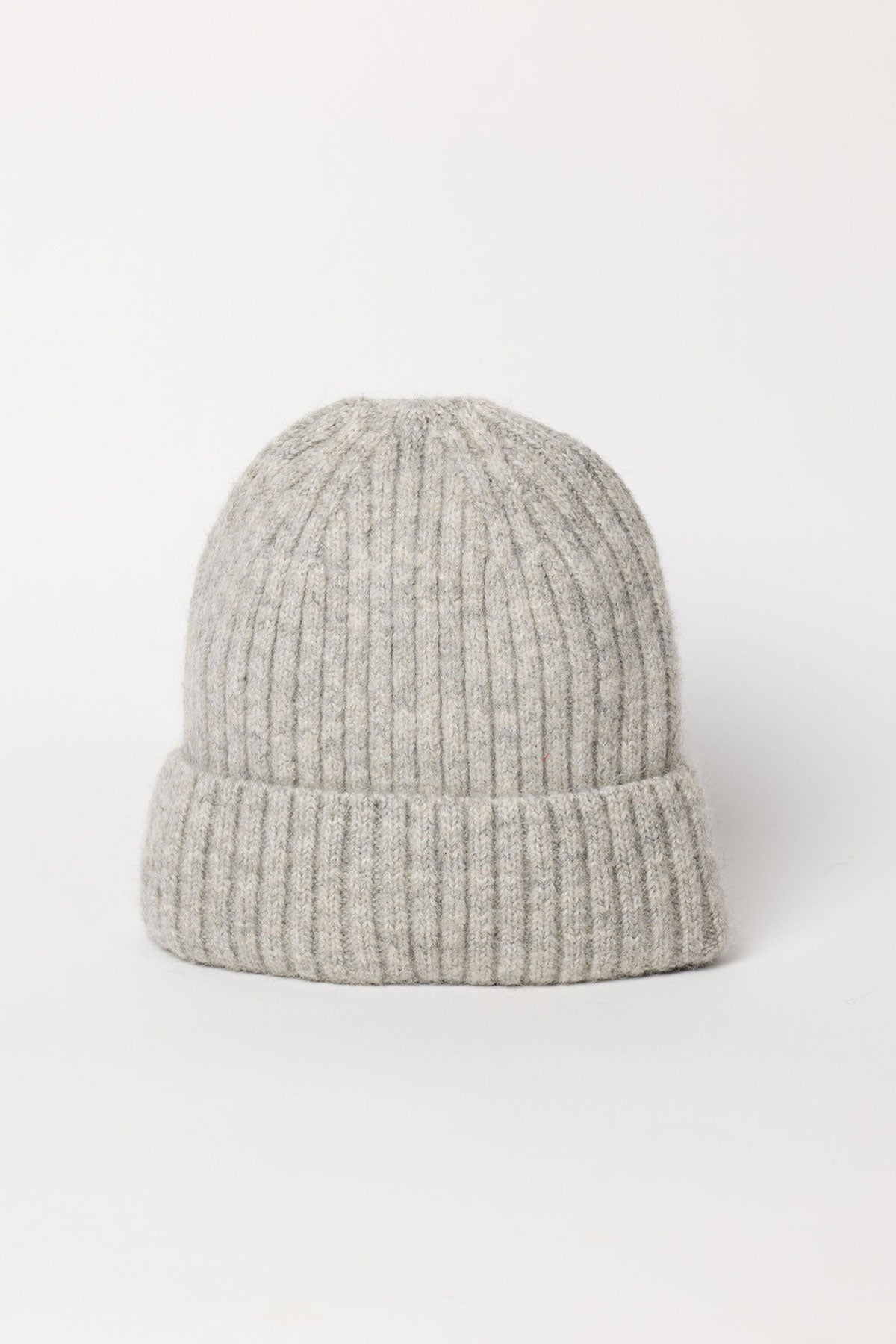 The KEY BEANIE by Velvet by Graham & Spencer is a light gray ribbed knit beanie with a folded brim, shown against a plain white background.-39850394222785