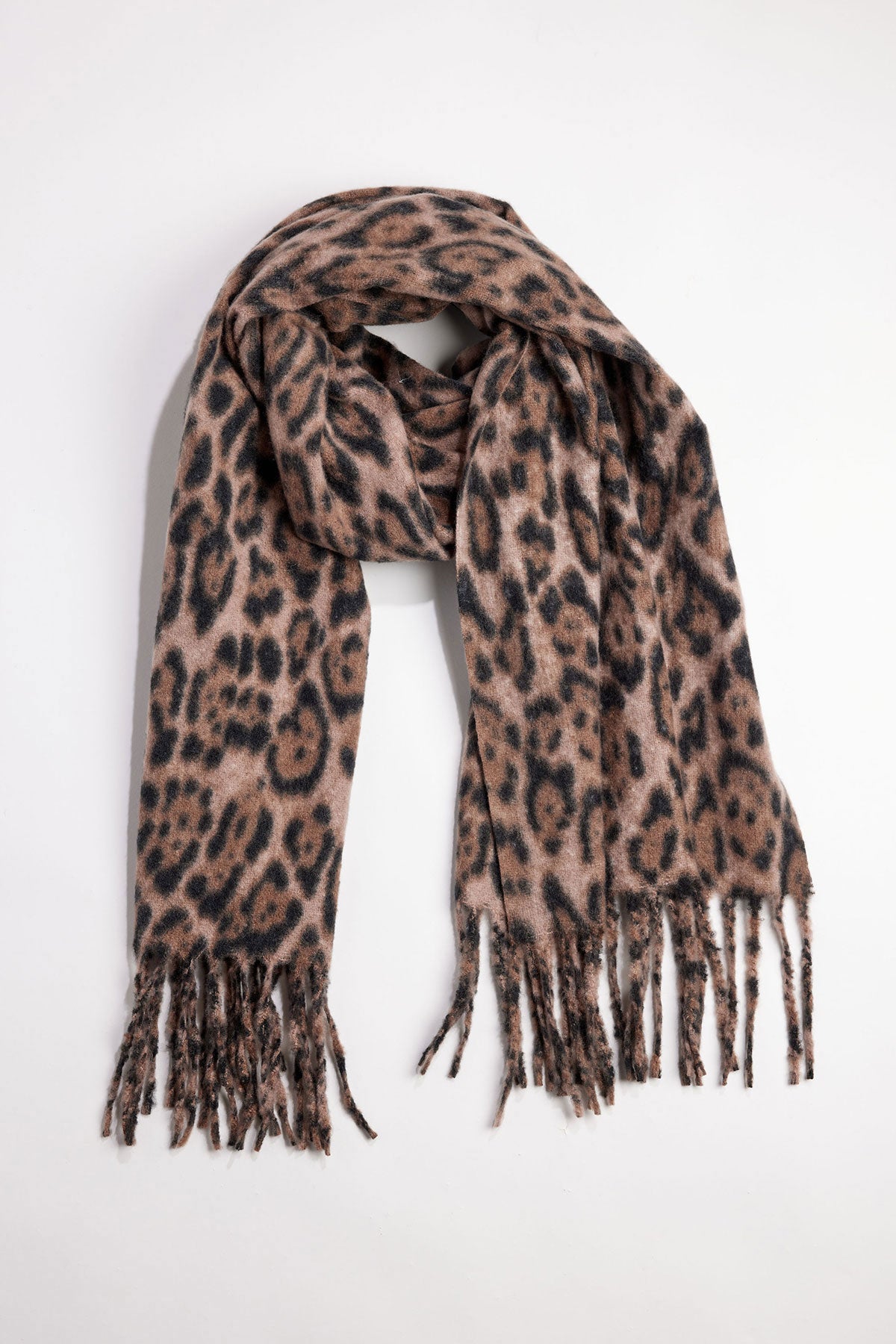 The LEOPARD SCARF by Velvet by Graham & Spencer features a brown and black leopard print and fringed ends, displayed flat on a white background.-39850443112641