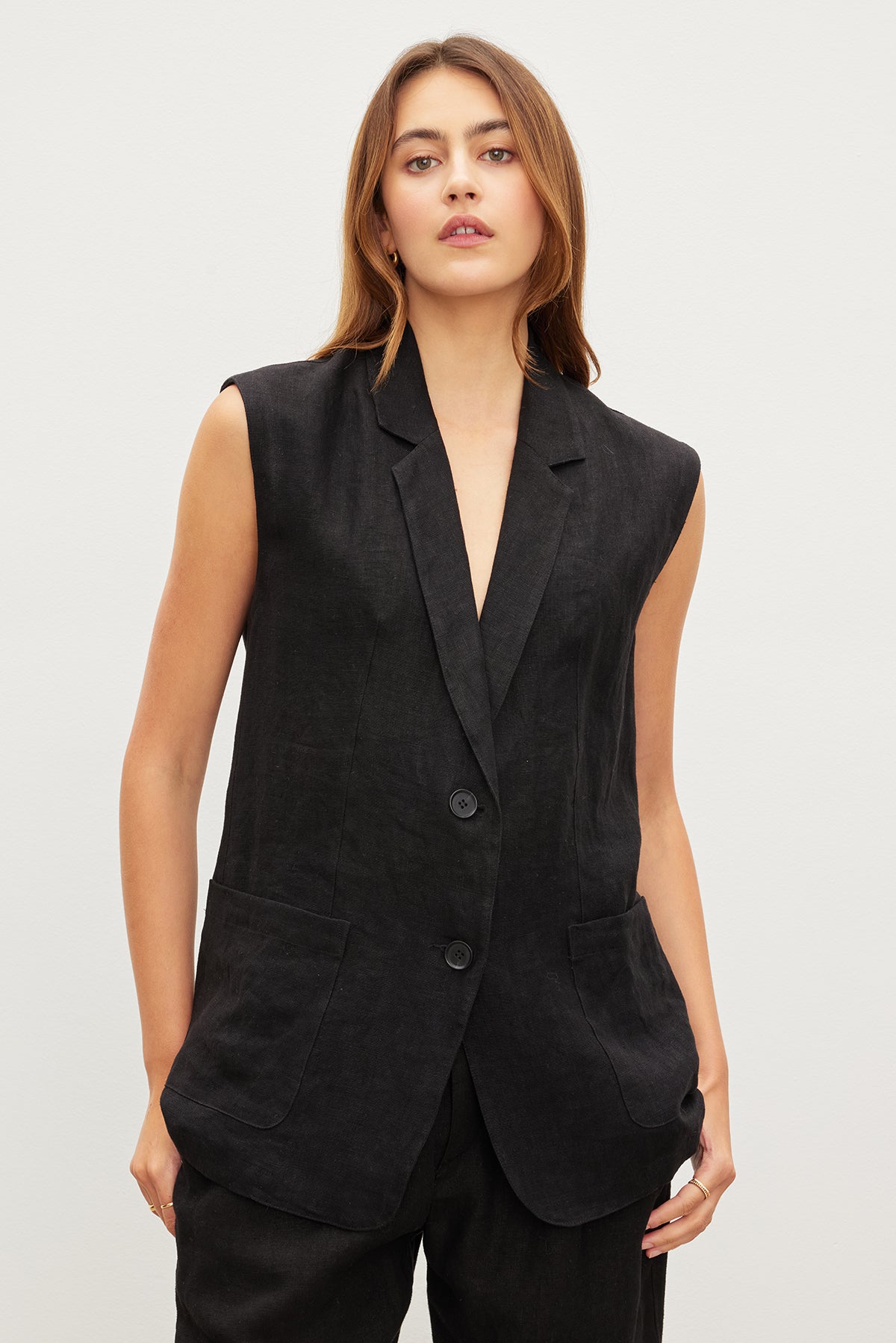 Oversized Velvet by Graham & Spencer black linen sleeveless vest.-35982575337665