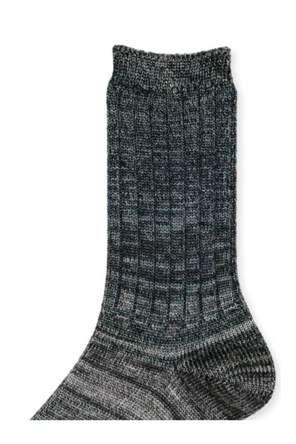 The COSMIC SPACE DYE MEN'S CREW SOCK by Hansel From Basel features a grey and black ribbed gradient pattern, shown against a white background.