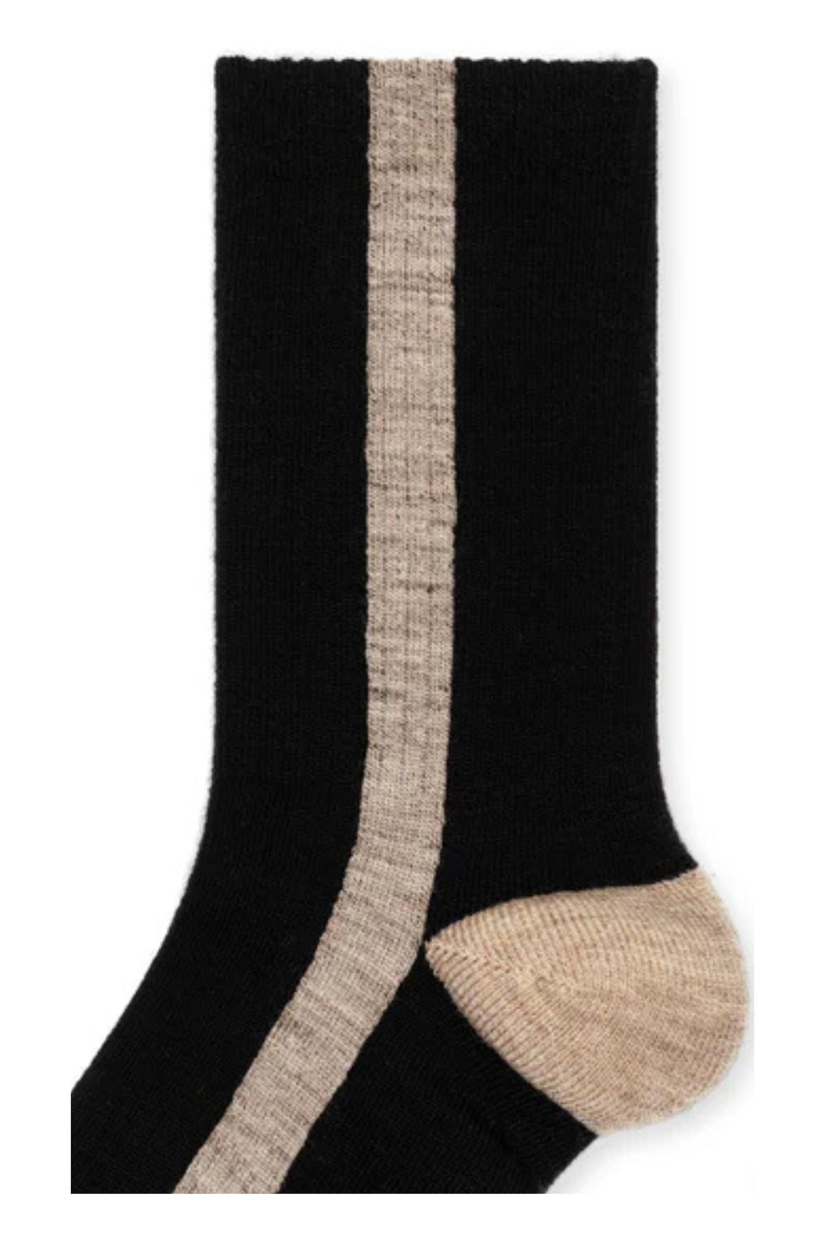 The TUXEDO STRIPE ATHLETIC WOOL CREW SOCK BY HANSEL FROM BASEL by Hansel From Basel is a black sock with a vertical beige stripe and a beige heel.-40434417991873